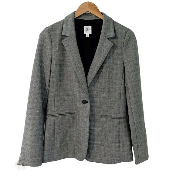 GAP Black Single Button Classic Fit Blazer in Glen Plaid - Picture 2 of 10